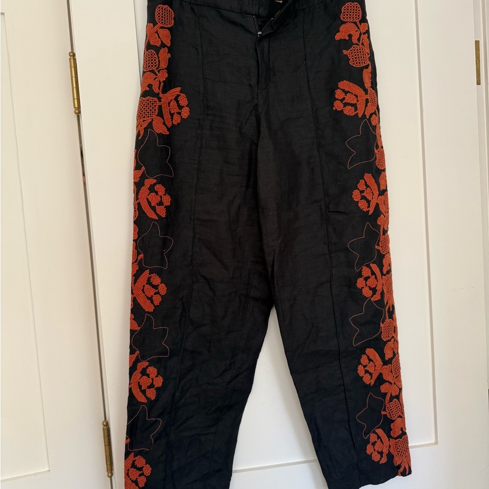 Chloe Black Pants with Orange embroidered Floral Accents size 38
